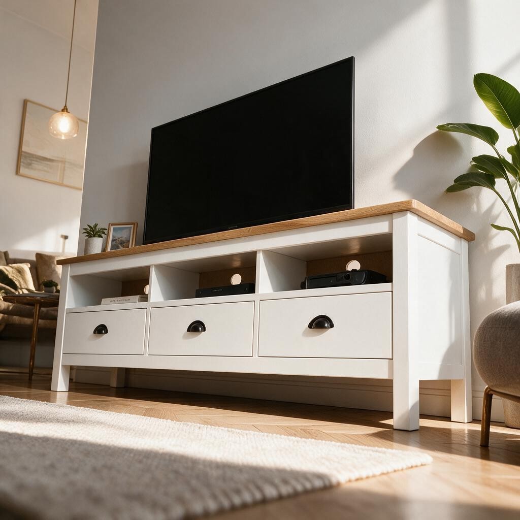 Meuble TV Blanc en Bois de Pin – Rangement Poignées Noires