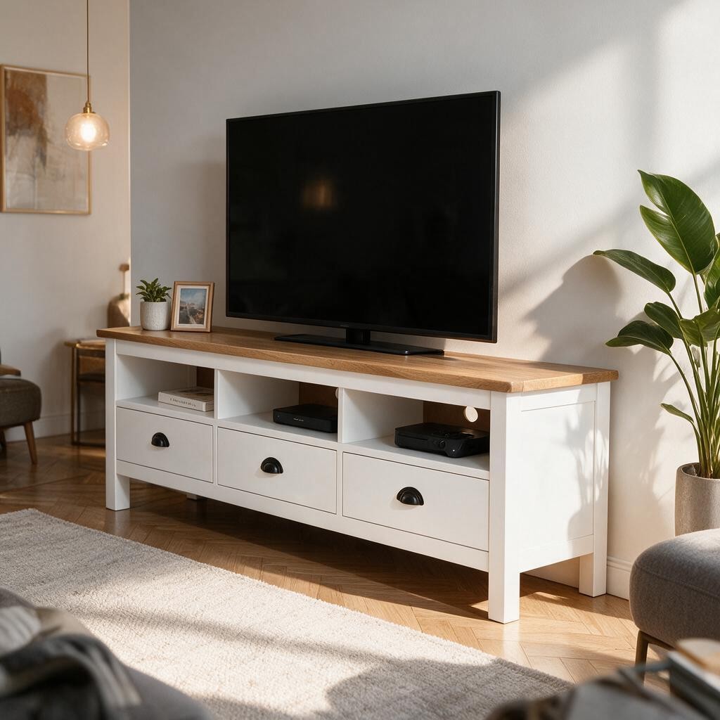 Meuble TV Blanc en Bois de Pin – Rangement Poignées Noires