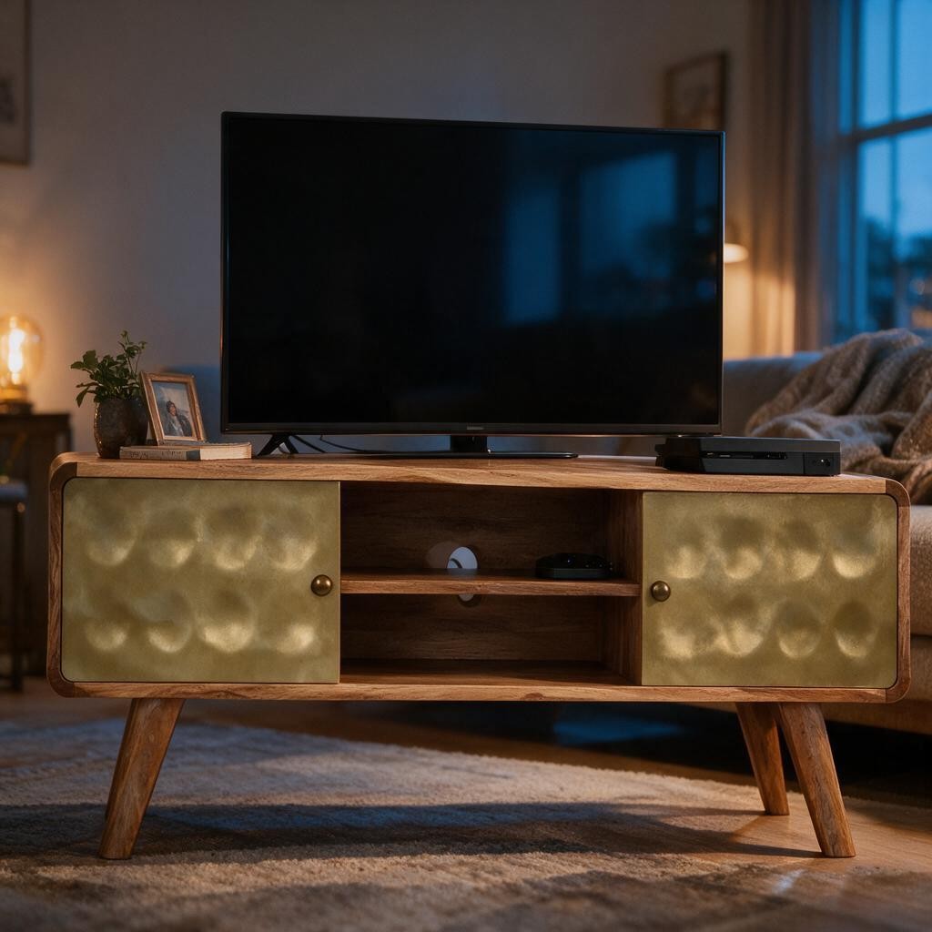 Meuble TV rétro en bois de manguier dans un salon, avec téléviseur