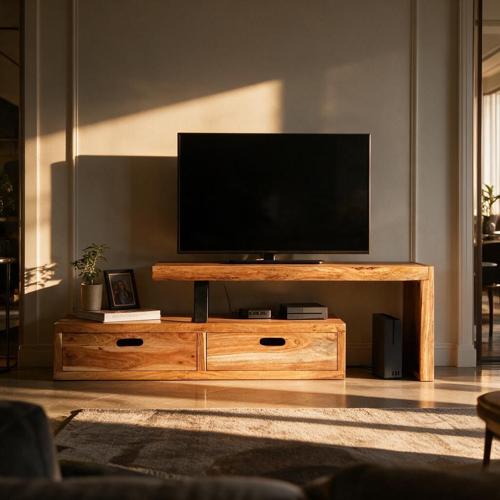 Meuble TV extensible en bois d'acacia clair dans un salon, avec téléviseur Image
