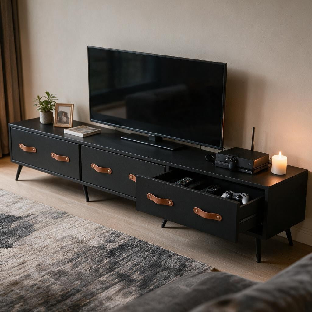 Meuble TV Noir Mat – Pieds Métal