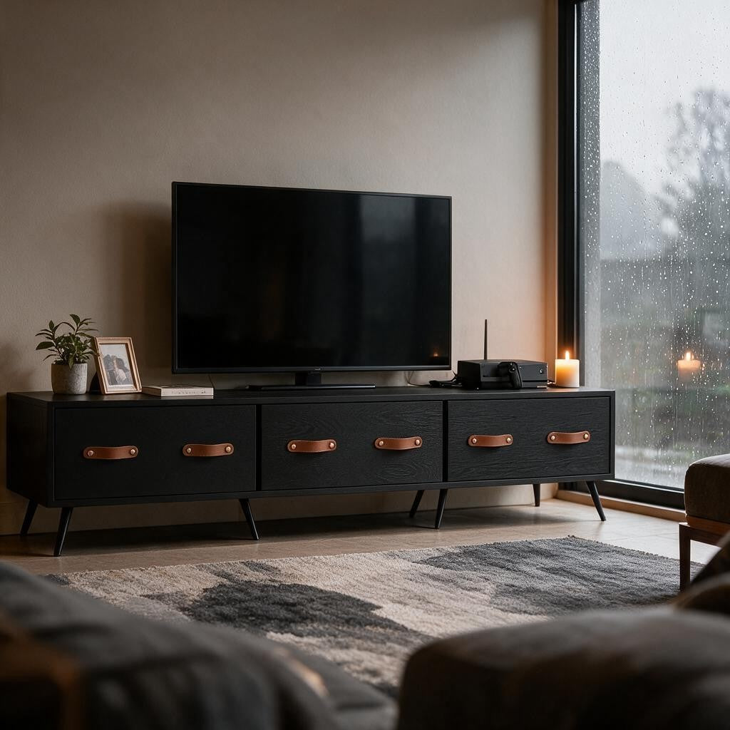 Meuble TV noir mat à pieds métal dans un salon, avec téléviseur