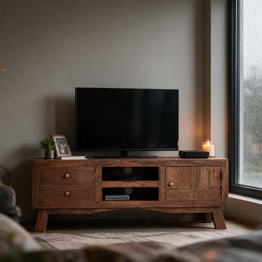 Meuble TV naturel en bois de manguier avec niches ouvertes dans un salon, avec téléviseur