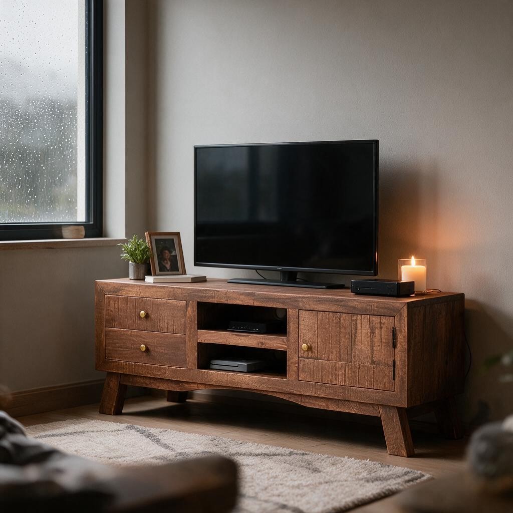 Meuble TV Naturel en Bois de Manguier – Rangement