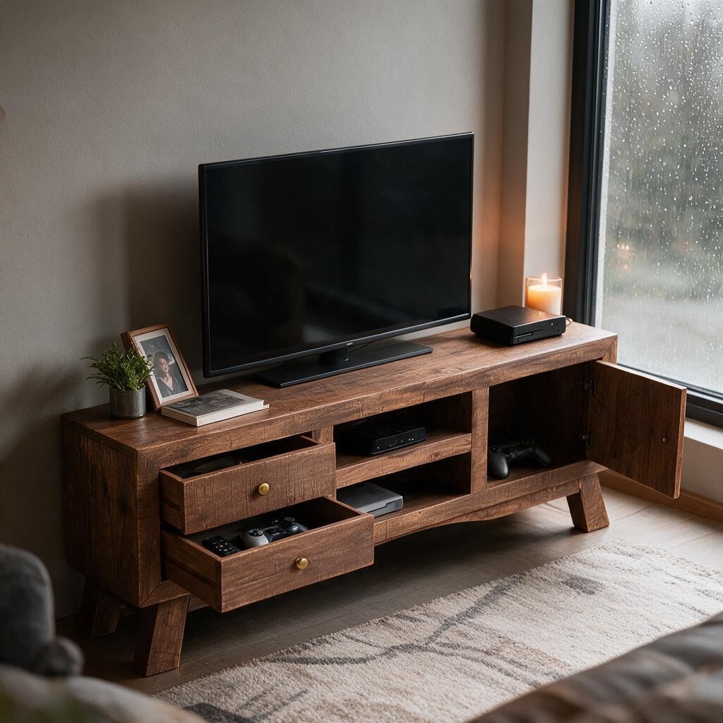 Meuble TV Naturel en Bois de Manguier – Rangement
