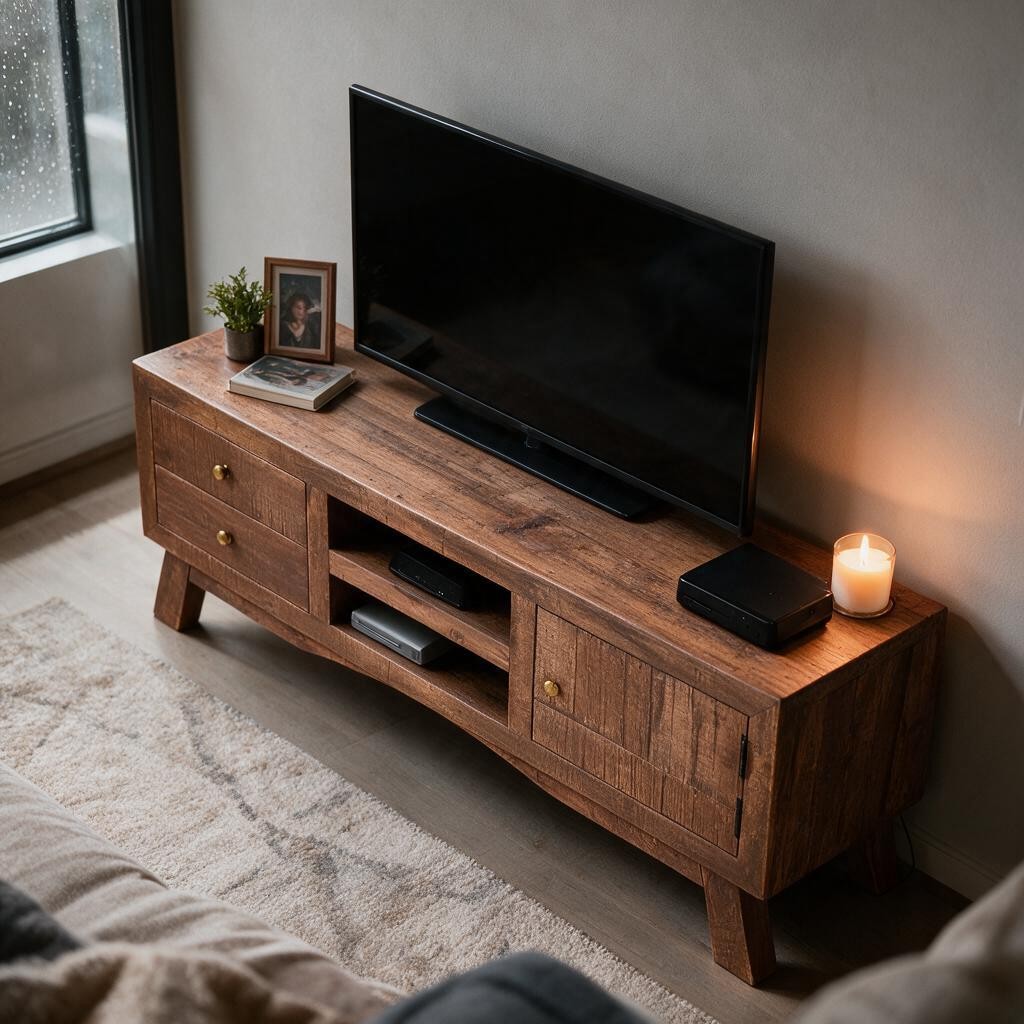 Meuble TV Naturel en Bois de Manguier – Rangement