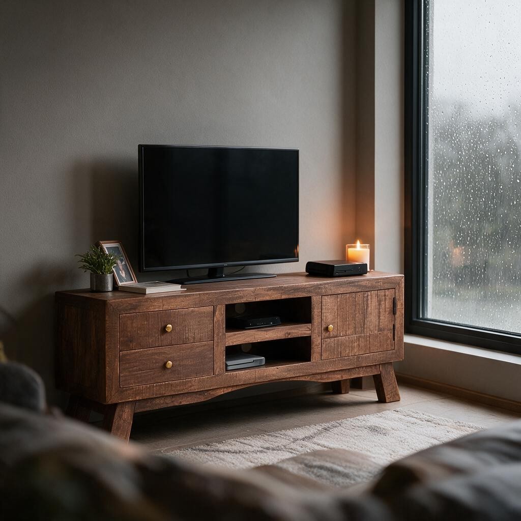 Meuble TV Naturel en Bois de Manguier – Rangement