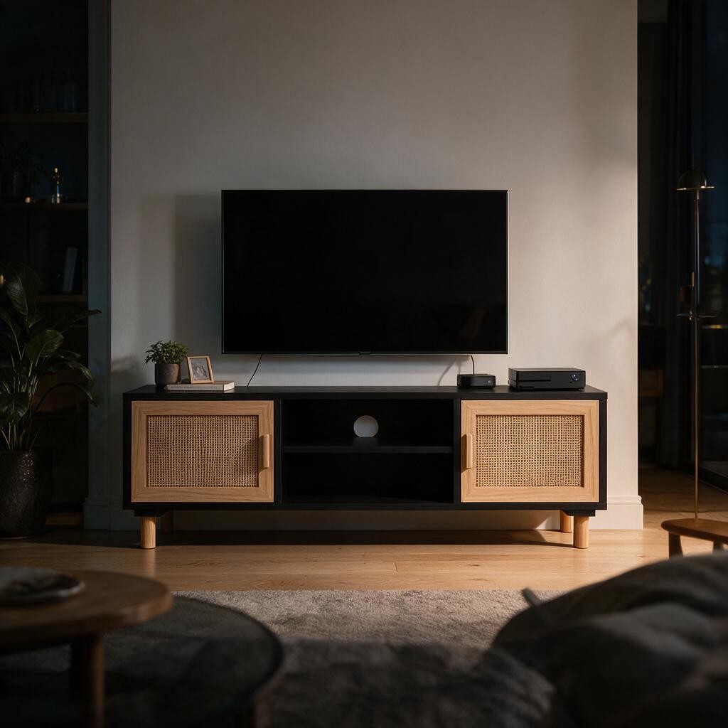 Meuble TV noir en bois et rotin dans un salon, avec téléviseur posé dessus