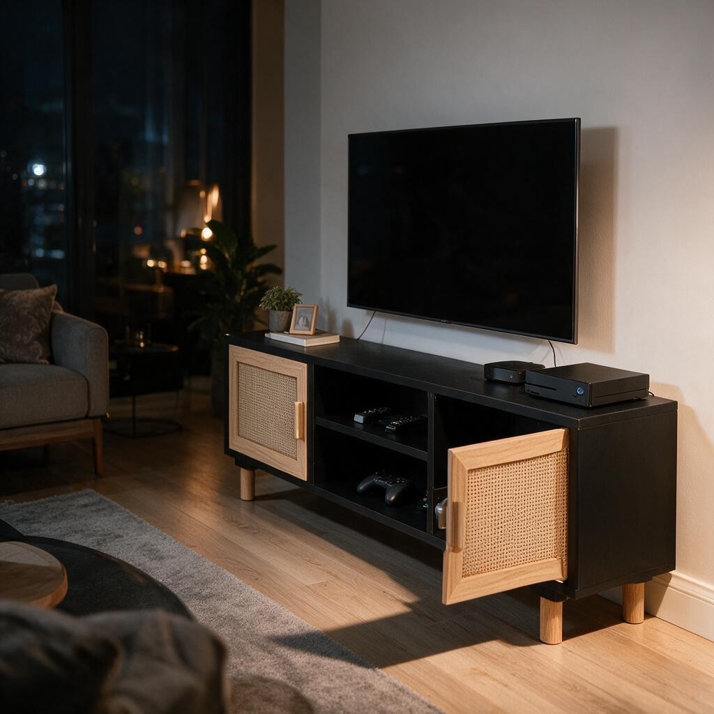 Meuble TV Noir en Bois et Rotin