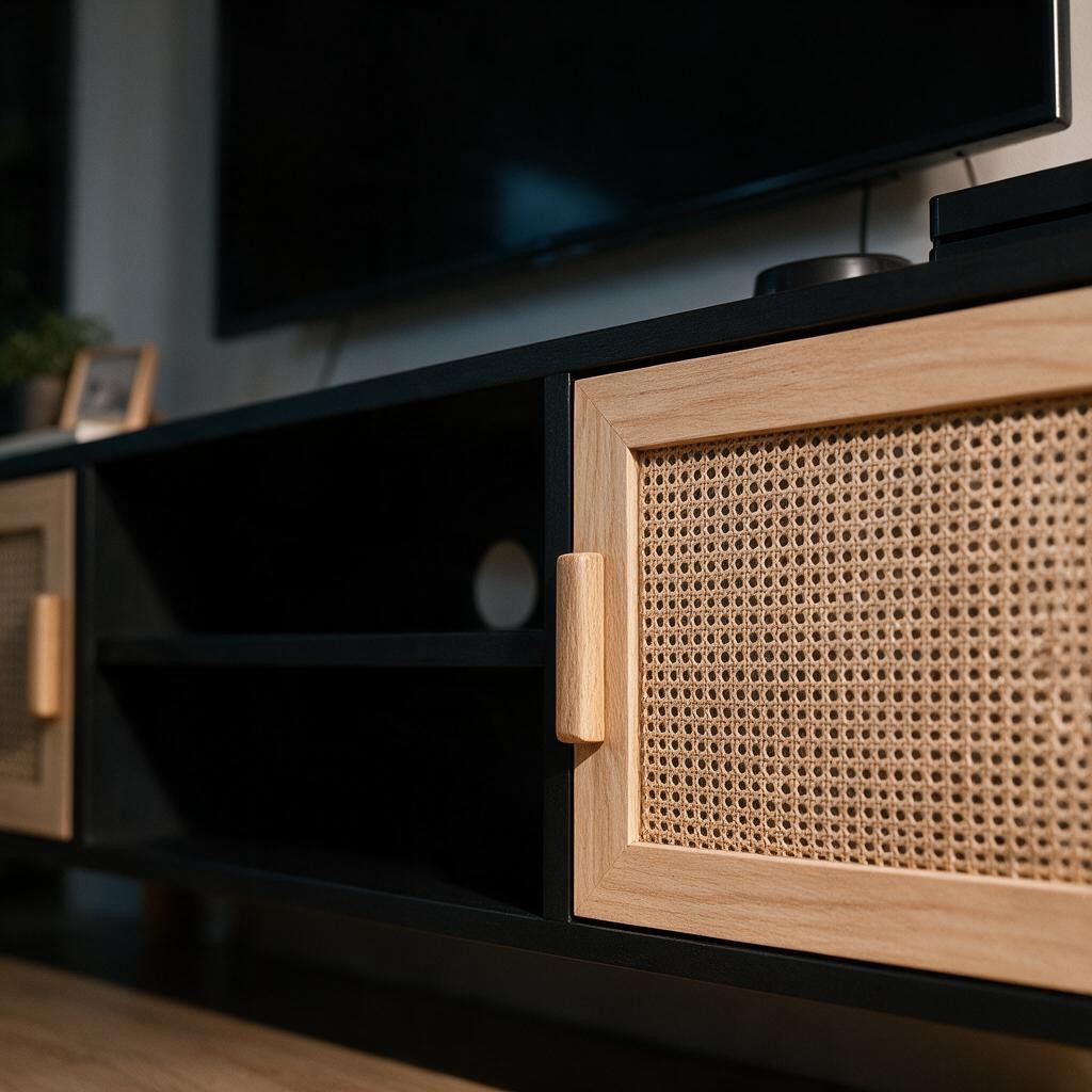 Meuble TV Noir en Bois et Rotin