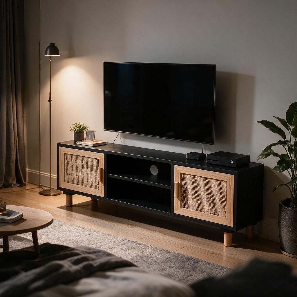 Meuble TV Noir en Bois et Rotin