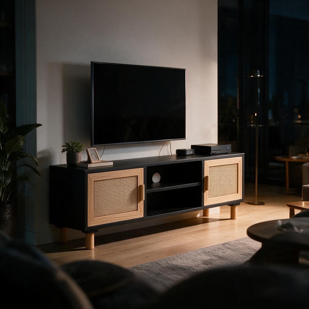 Meuble TV Noir en Bois et Rotin