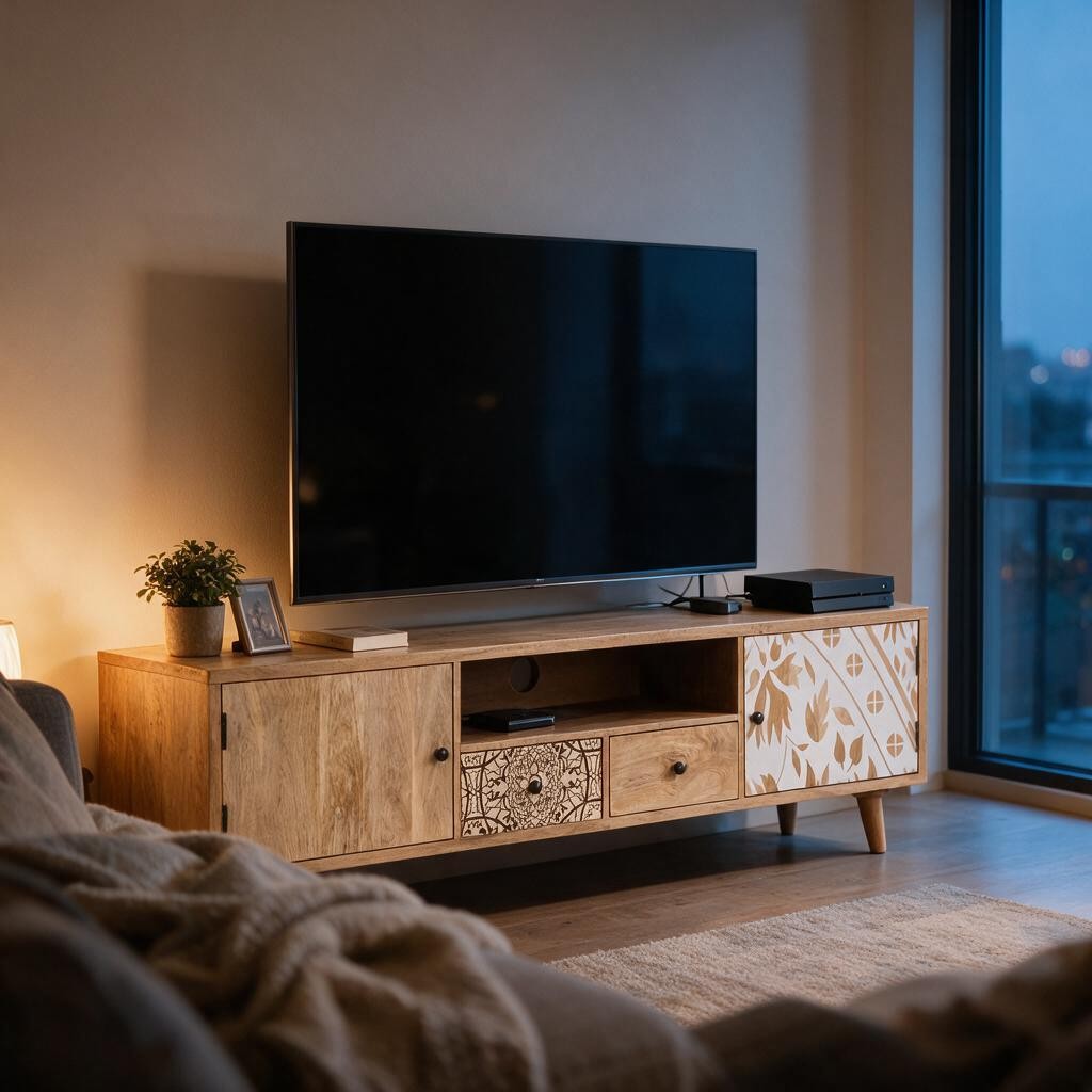 Meuble TV Chic en Bois de Manguier – Portes Motifs Floraux