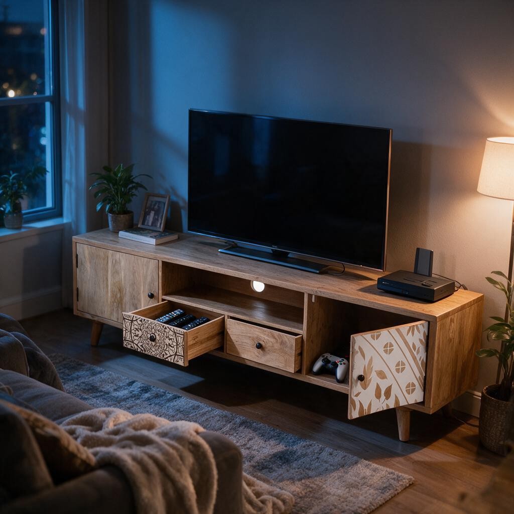 Meuble TV Chic en Bois de Manguier – Portes Motifs Floraux
