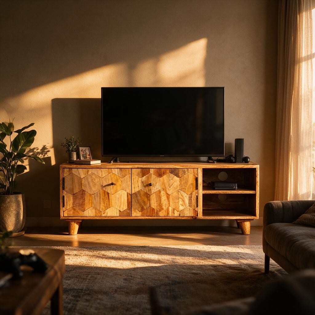 Meuble TV en bois de manguier à portes sculptées hexagonales dans un salon, avec téléviseur
