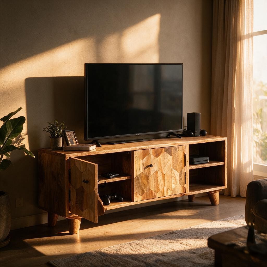 Meuble TV Chic en Bois de Manguier – Portes Sculptées Hexagonales