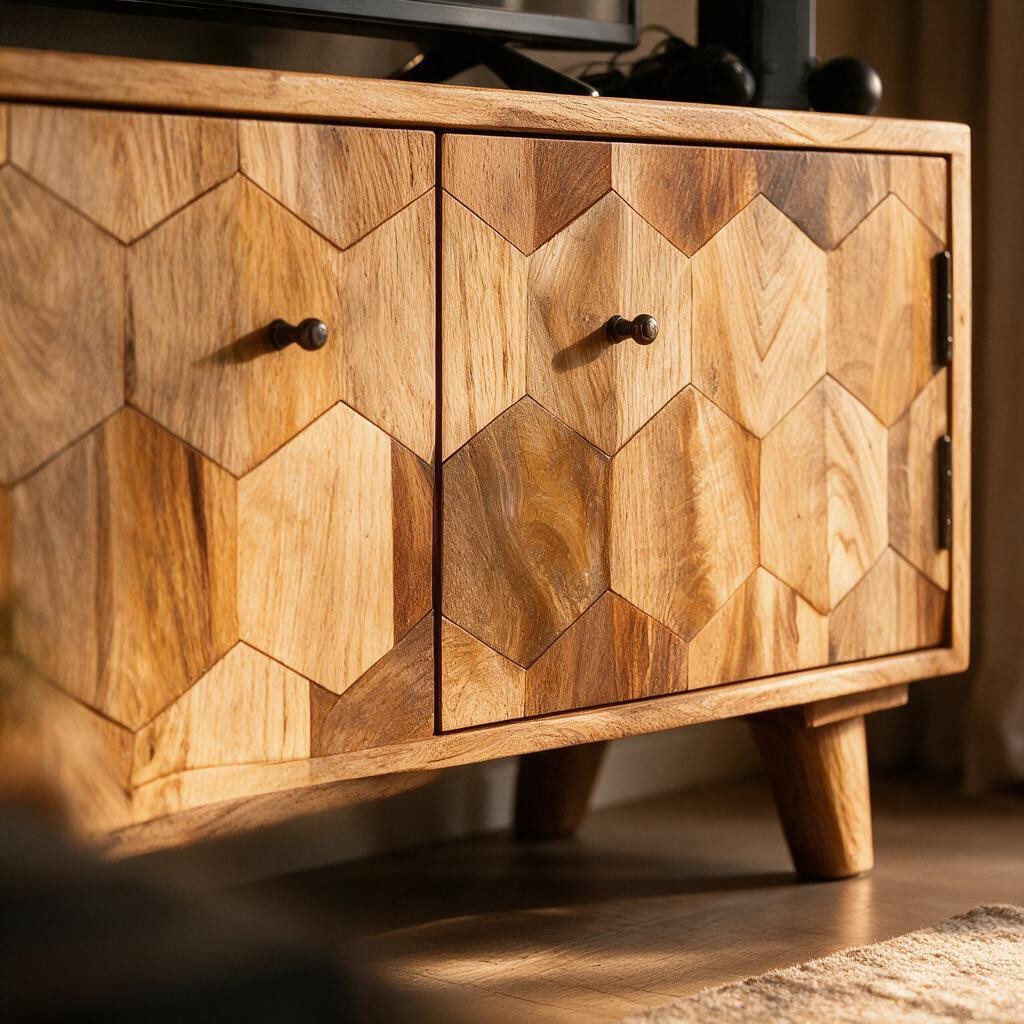 Meuble TV Chic en Bois de Manguier – Portes Sculptées Hexagonales