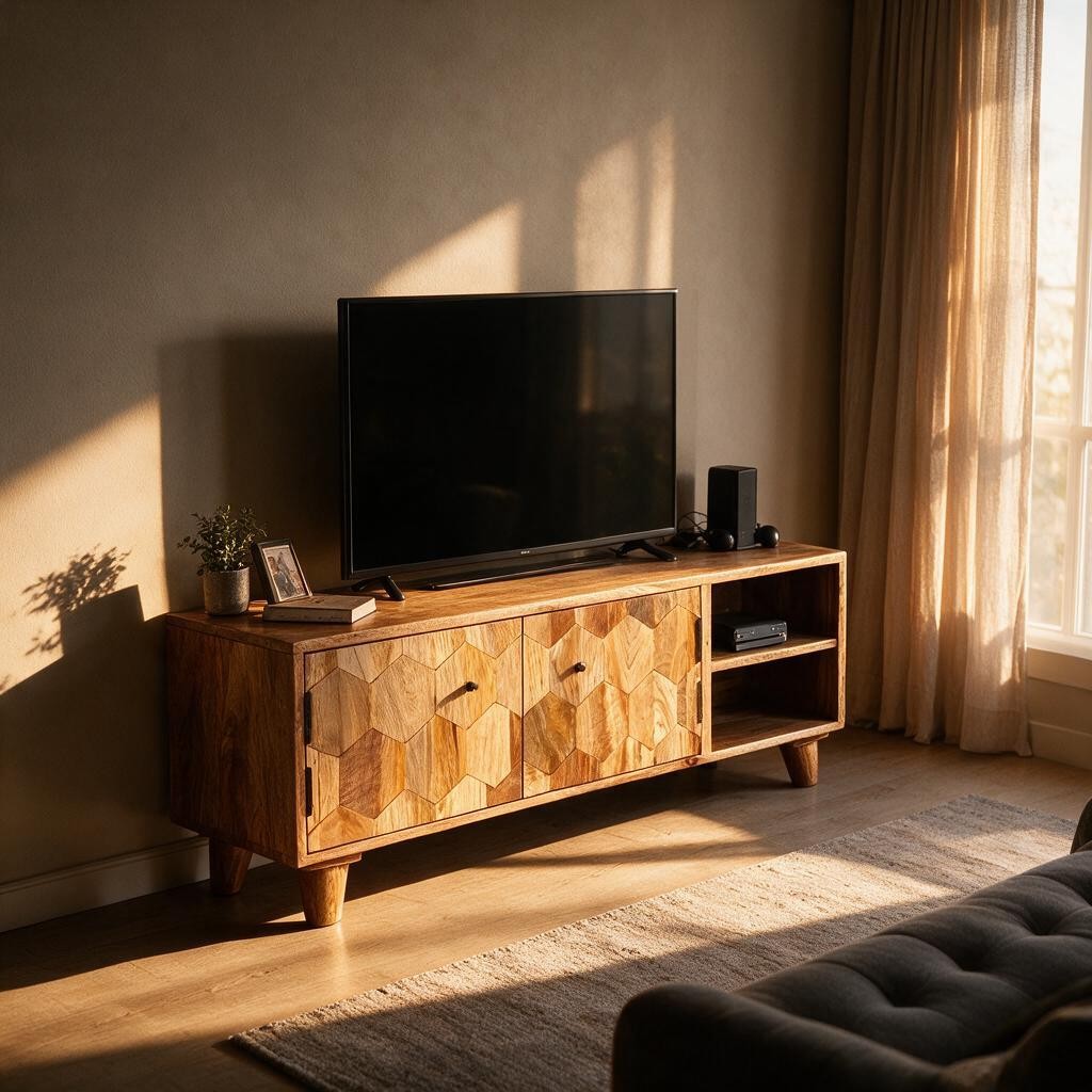 Meuble TV Chic en Bois de Manguier – Portes Sculptées Hexagonales