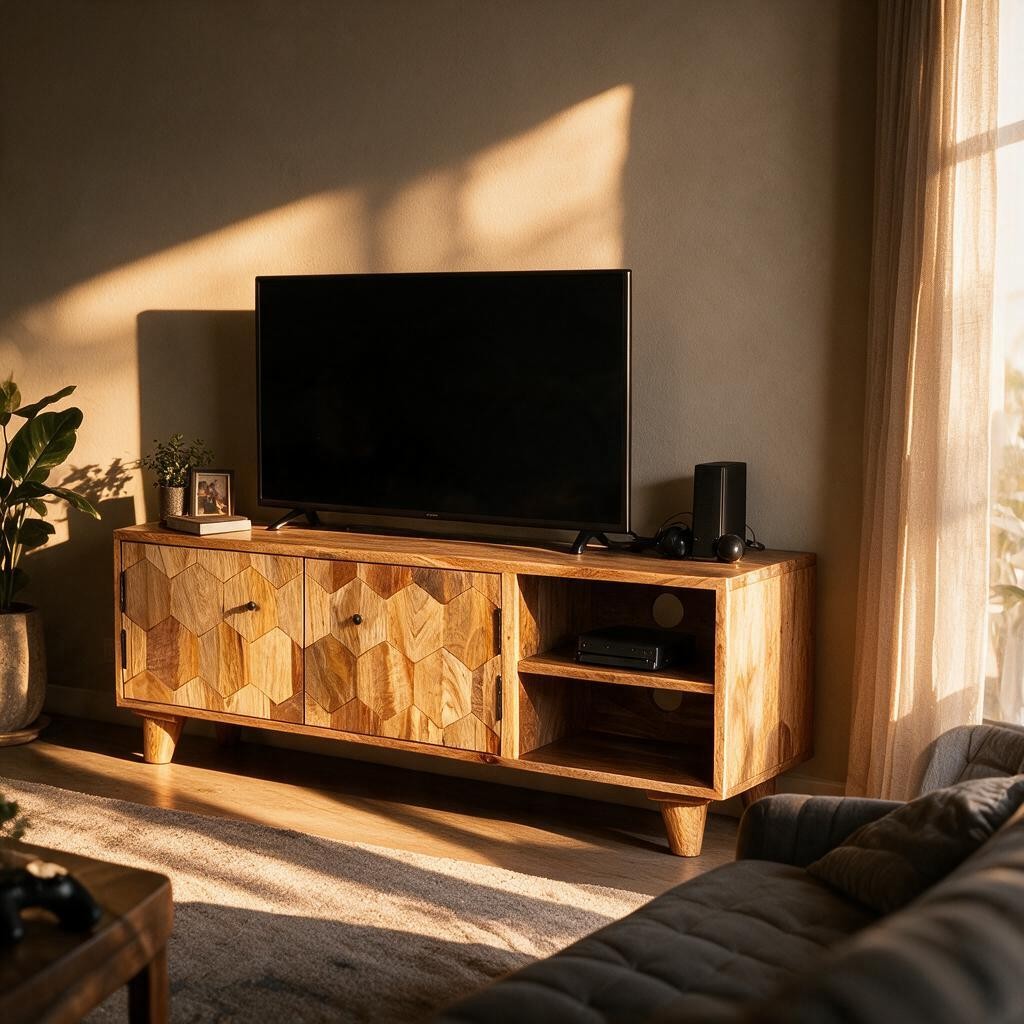 Meuble TV Chic en Bois de Manguier – Portes Sculptées Hexagonales