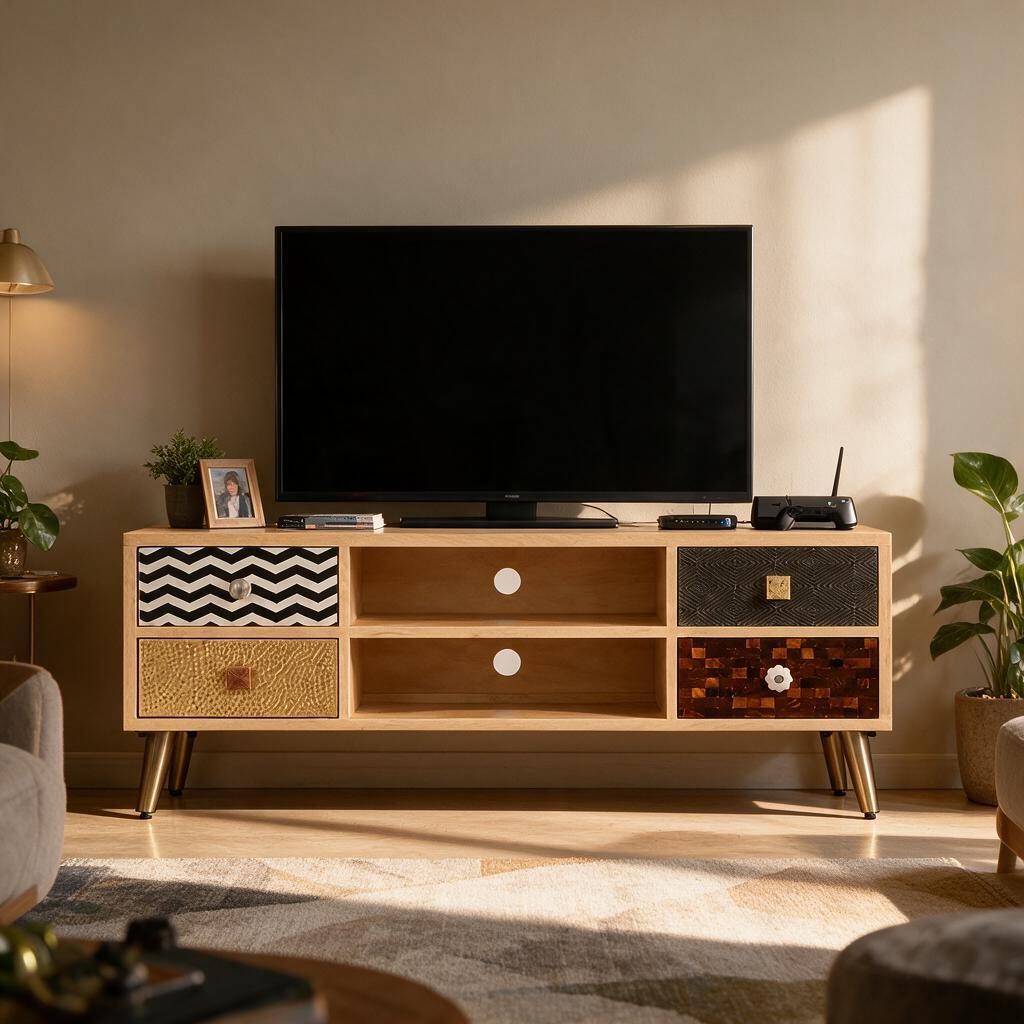 Meuble TV en bois de manguier à 4 tiroirs aux motifs artisanaux dans un salon, avec téléviseur Image