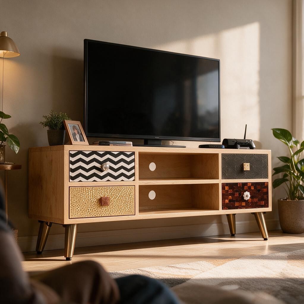 Meuble TV en Bois de Manguier – 4 Tiroirs Motifs Artisanaux