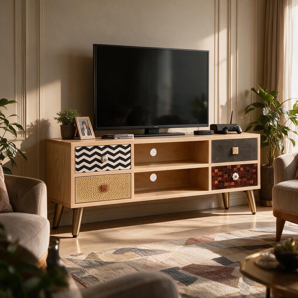 Meuble TV en Bois de Manguier – 4 Tiroirs Motifs Artisanaux