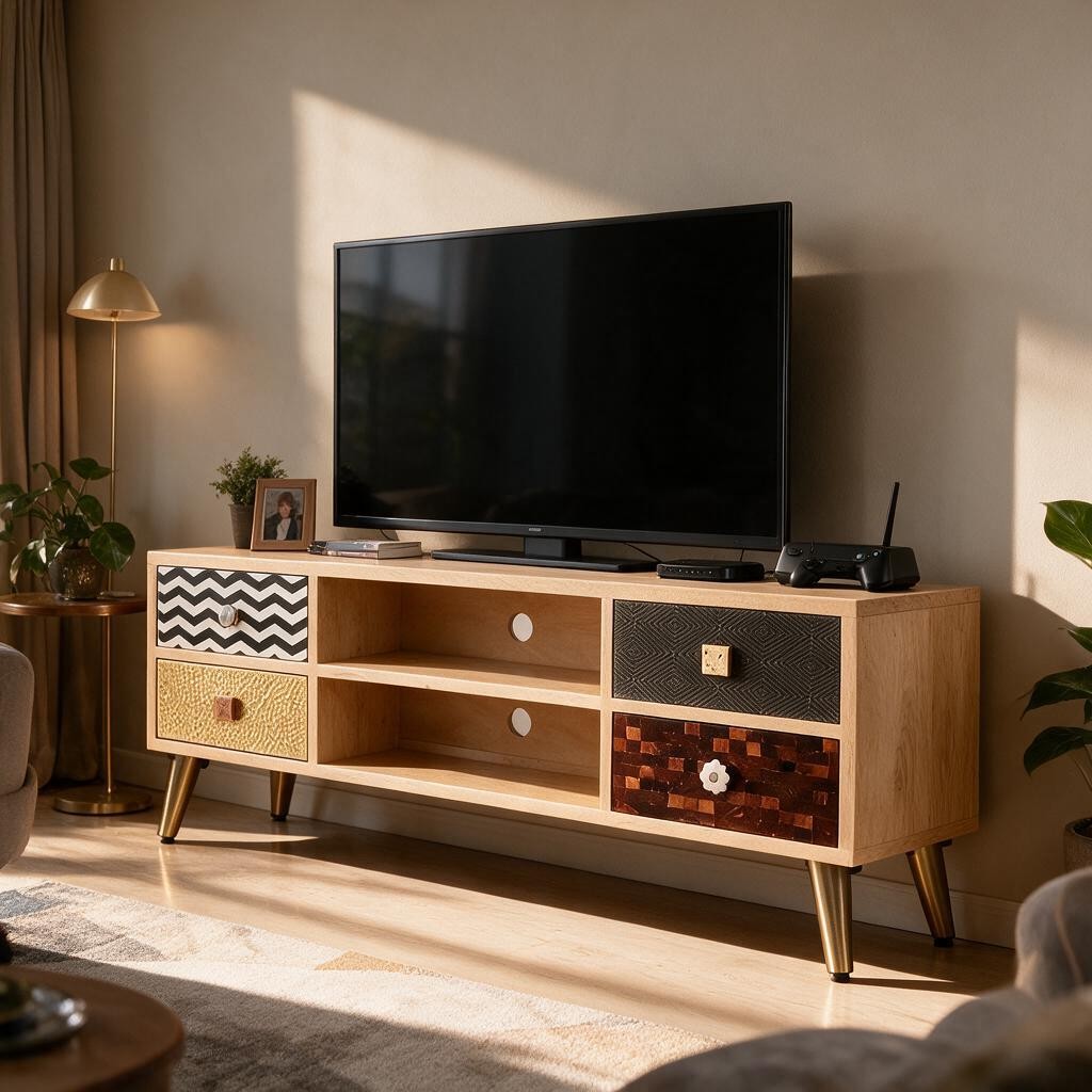 Meuble TV en Bois de Manguier – 4 Tiroirs Motifs Artisanaux
