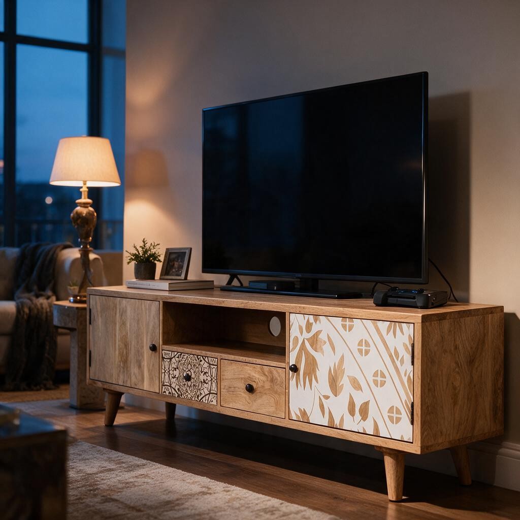Meuble TV Chic en Bois de Manguier – Portes Motifs Floraux