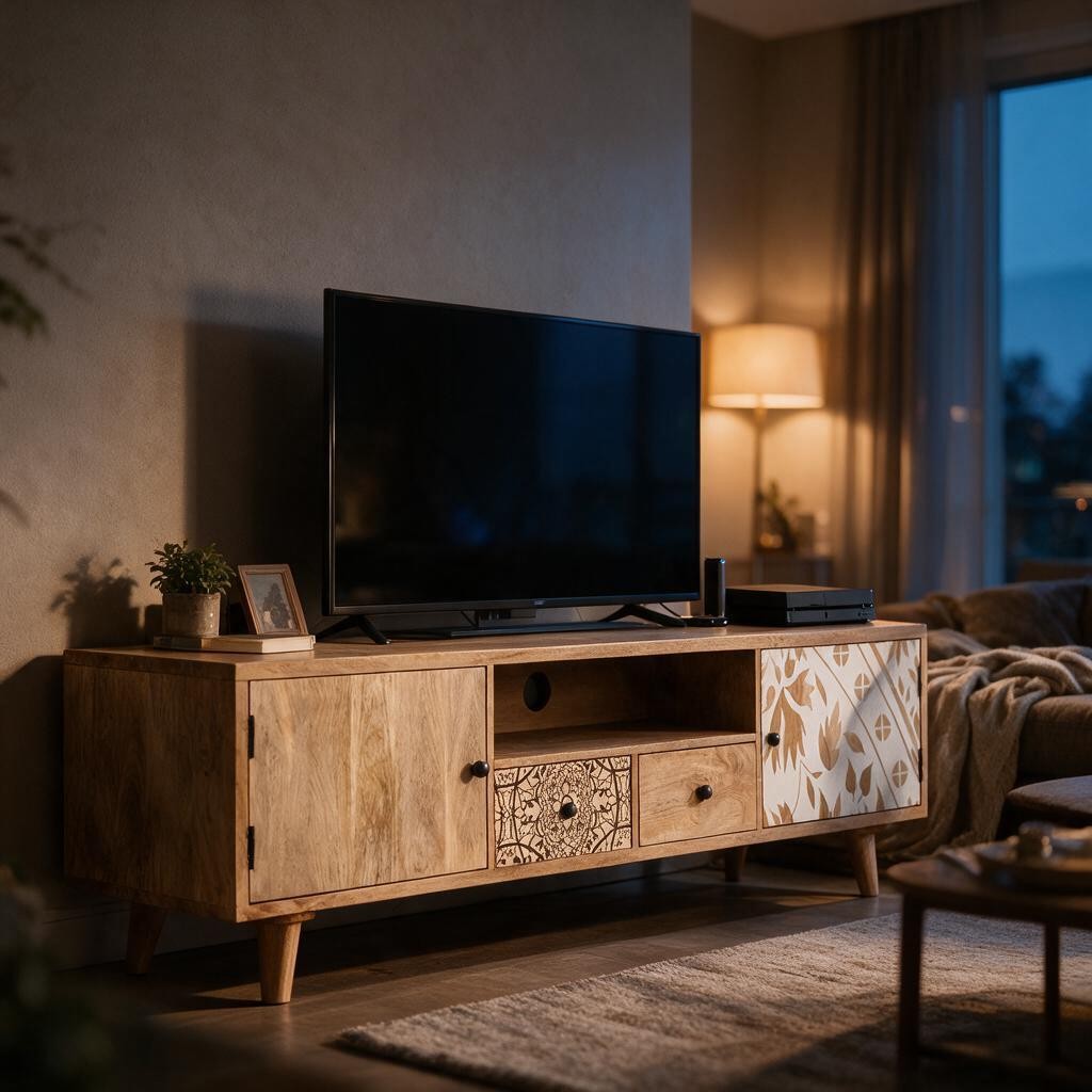 Meuble TV Chic en Bois de Manguier – Portes Motifs Floraux
