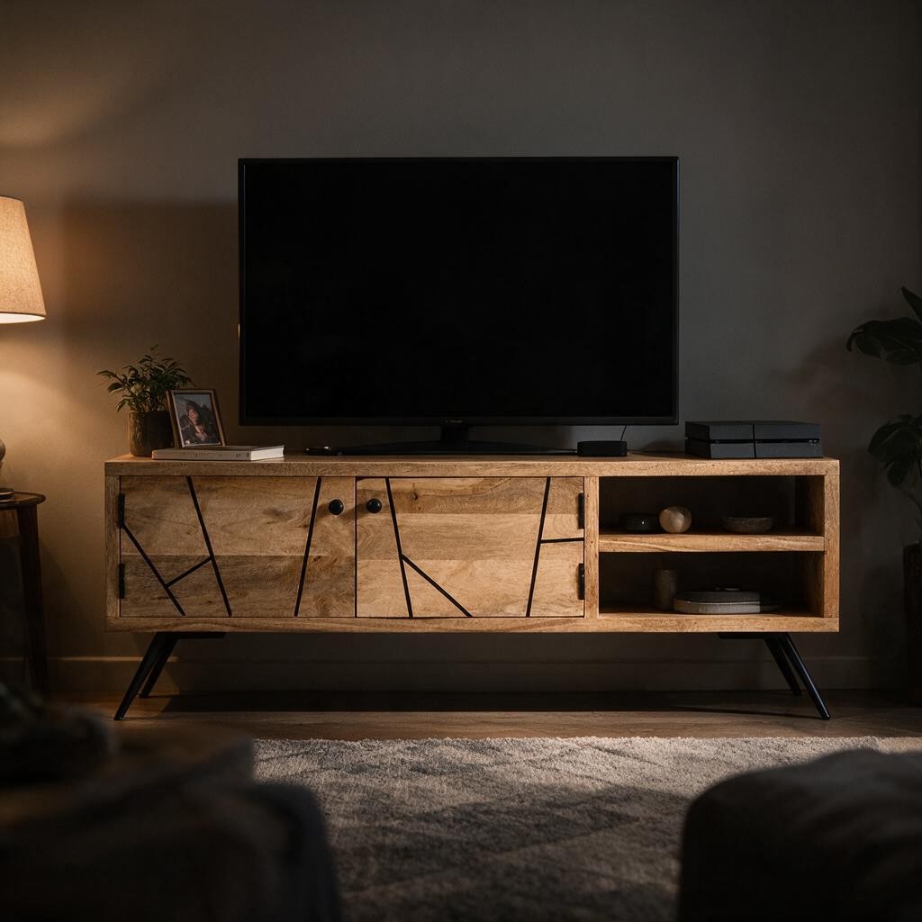Meuble TV naturel en manguier blanchi dans un salon, avec téléviseur