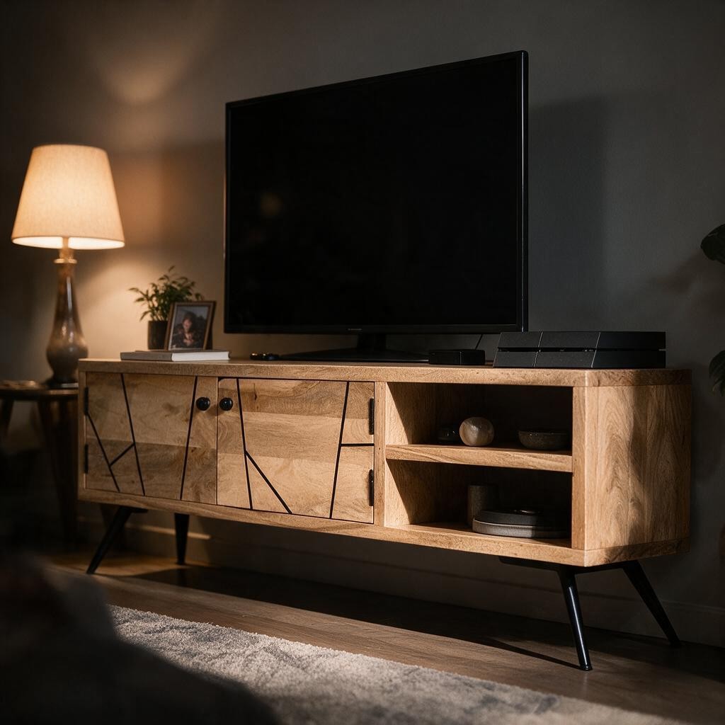 Meuble TV Naturel en Bois de Manguier Blanchi