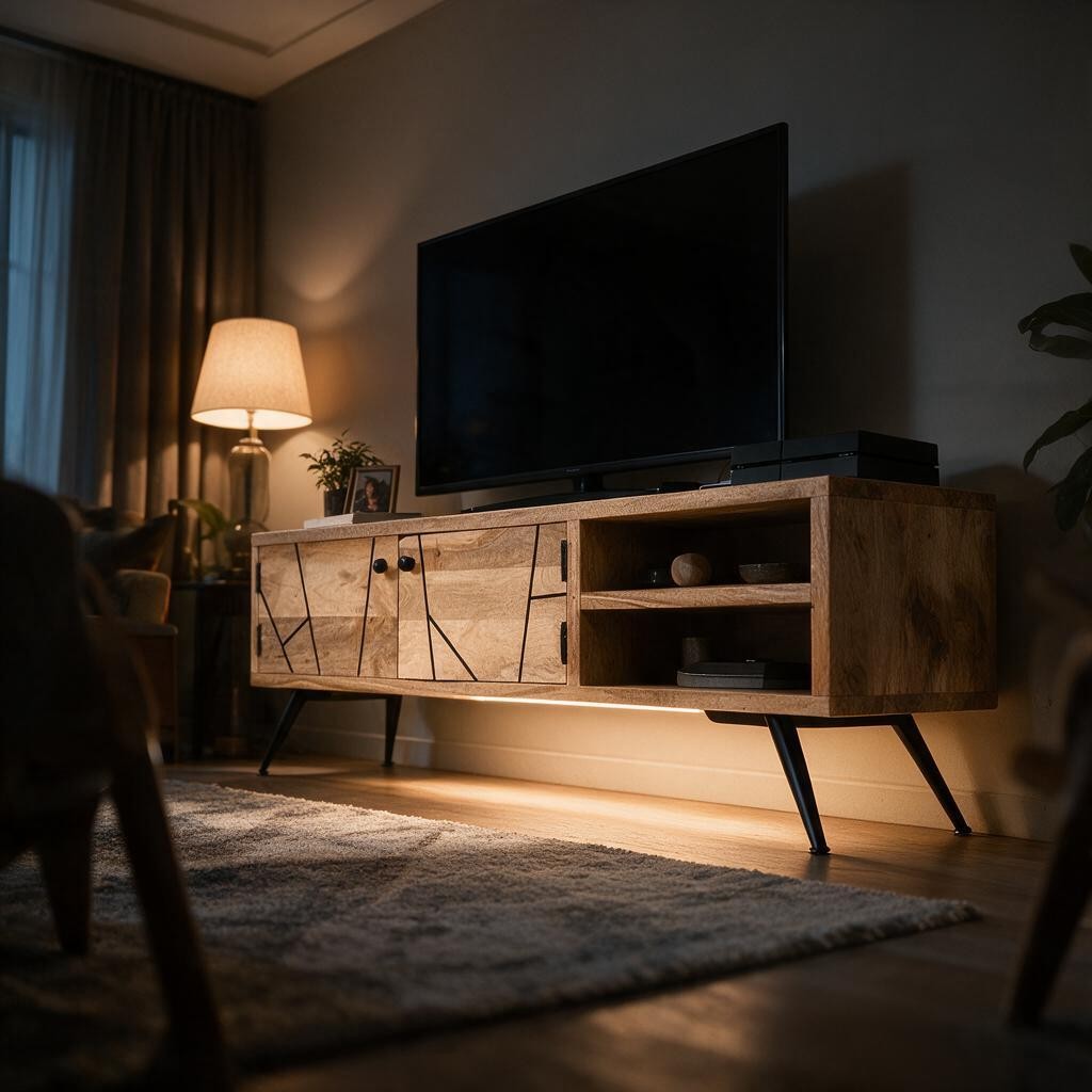 Meuble TV Naturel en Bois de Manguier Blanchi