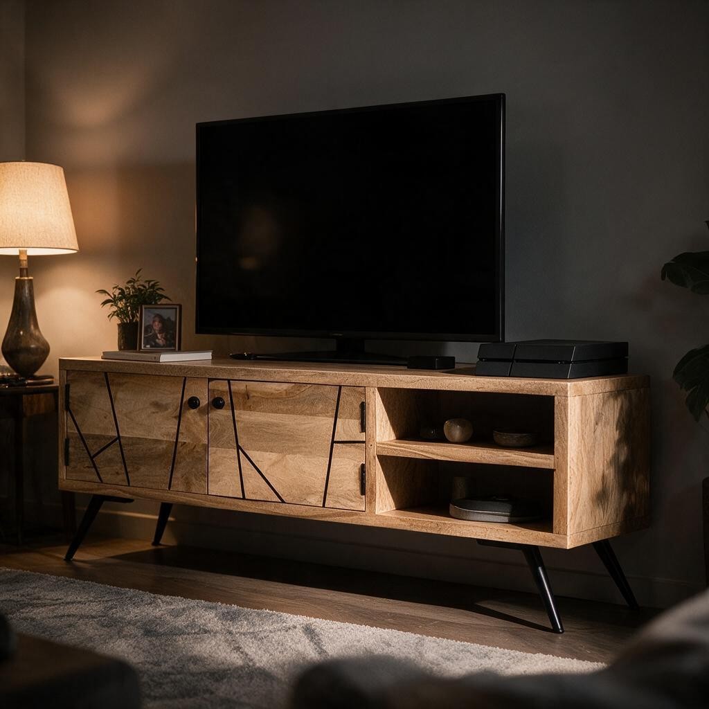 Meuble TV Naturel en Bois de Manguier Blanchi