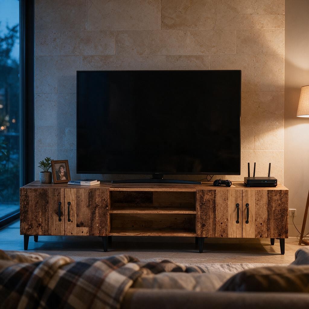 Meuble TV industriel 180 cm en bois teinte marron dans un salon, avec téléviseur