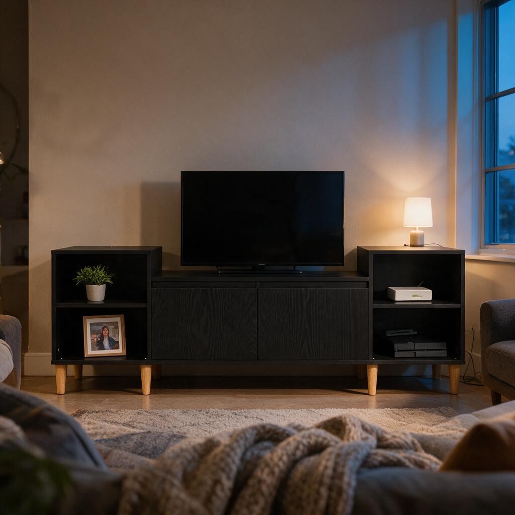 Meuble TV noir scandinave à pieds coniques dans un salon, avec téléviseur Image