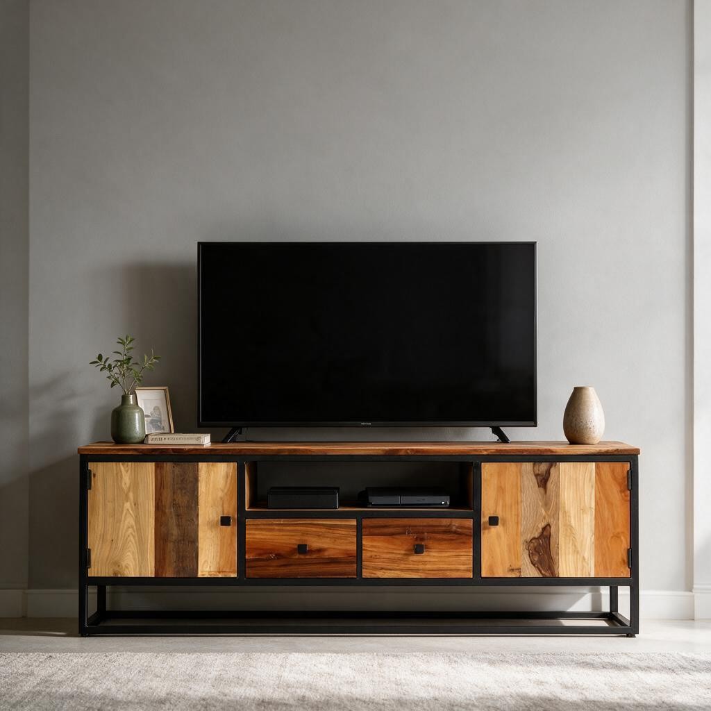 Meuble TV industriel en bois de récupération dans un salon, avec téléviseur