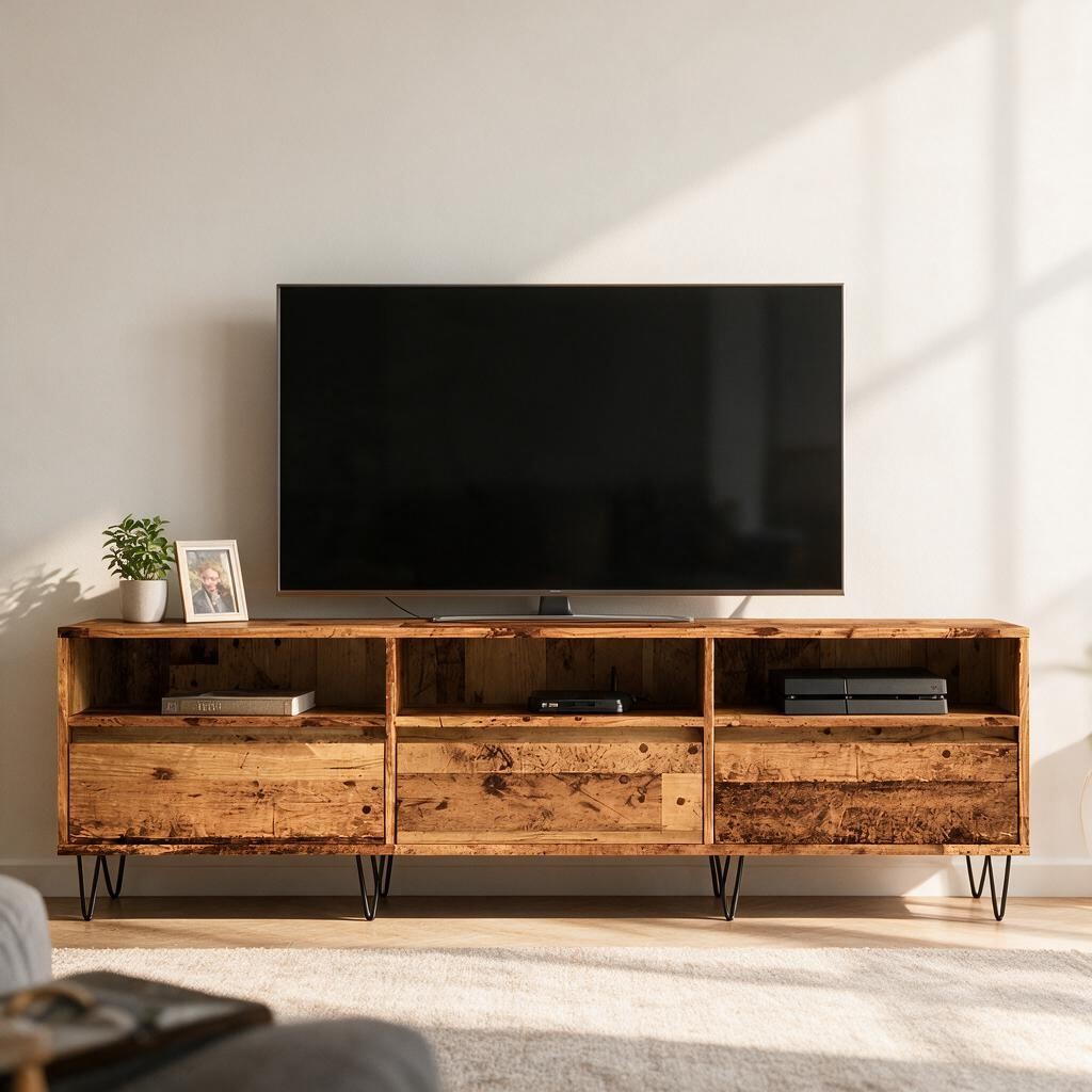 Meuble TV industriel 150 cm effet vieux bois dans un salon, avec téléviseur