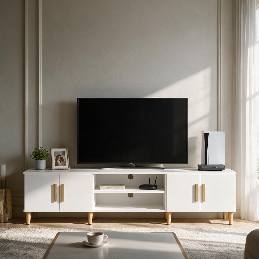 Meuble TV blanc effet chêne 180 cm dans un salon, avec téléviseur