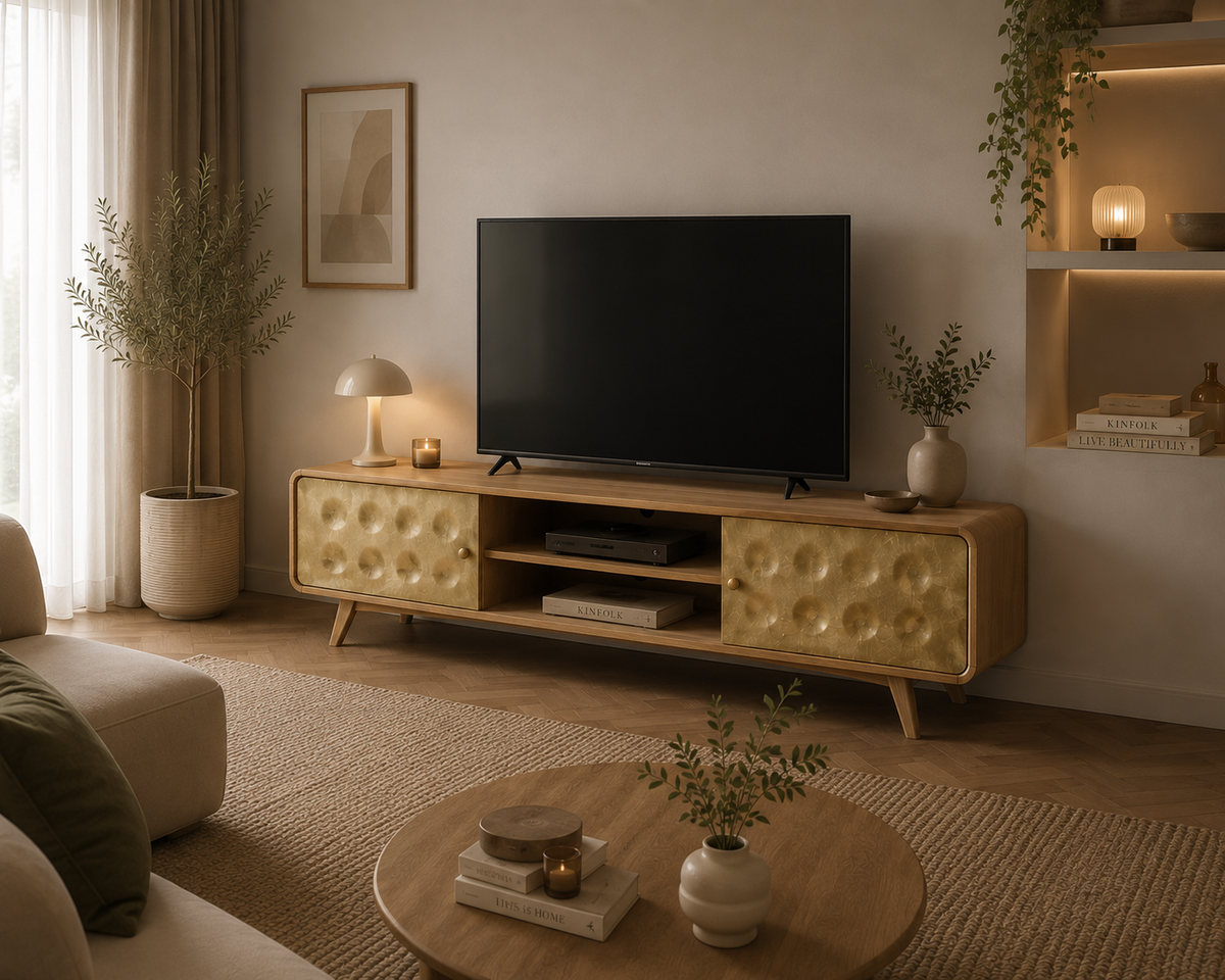 Détail des façades dorées du meuble TV rétro en bois de manguier
