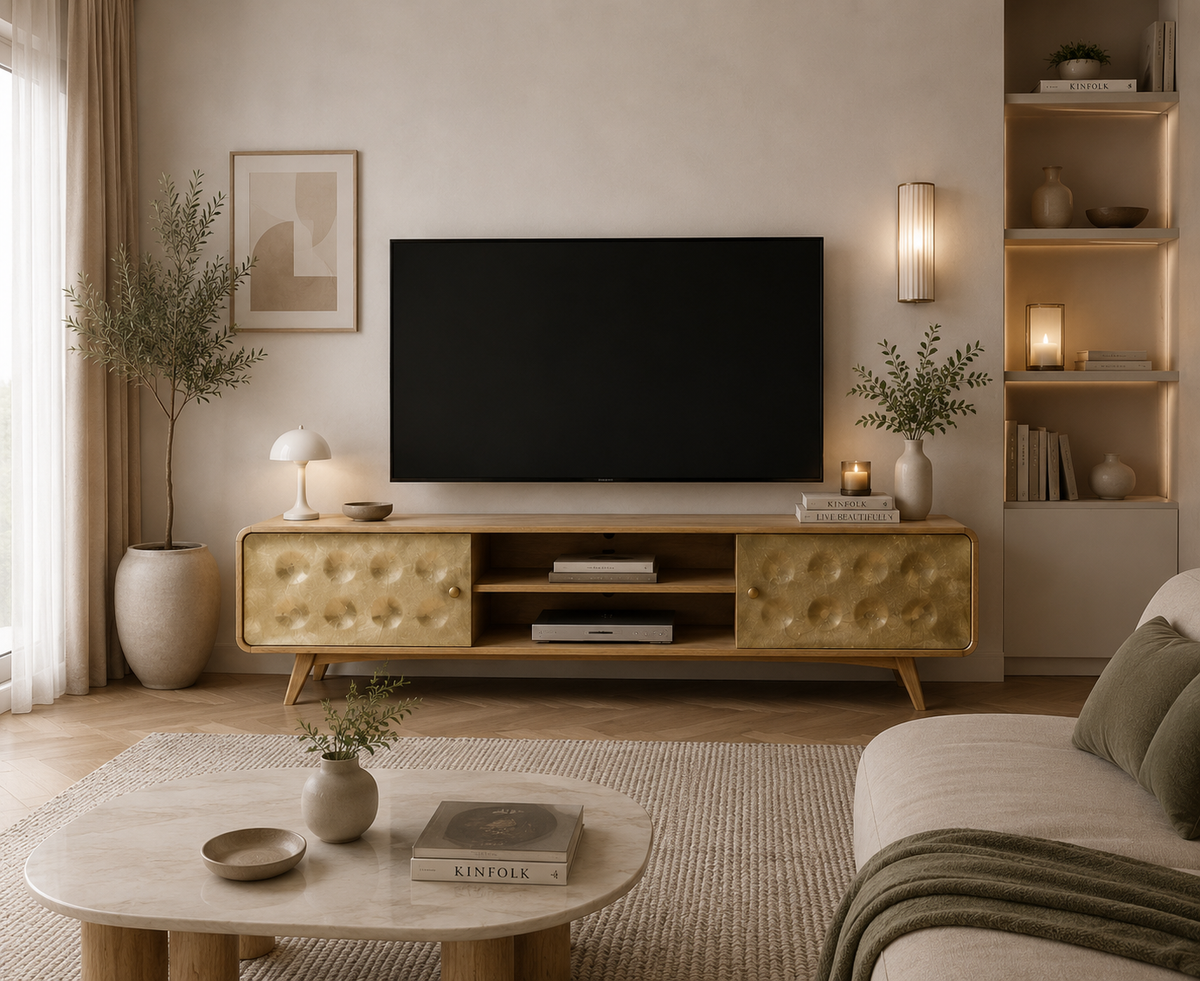 Meuble TV rétro en bois de manguier avec façades dorées, vue de face